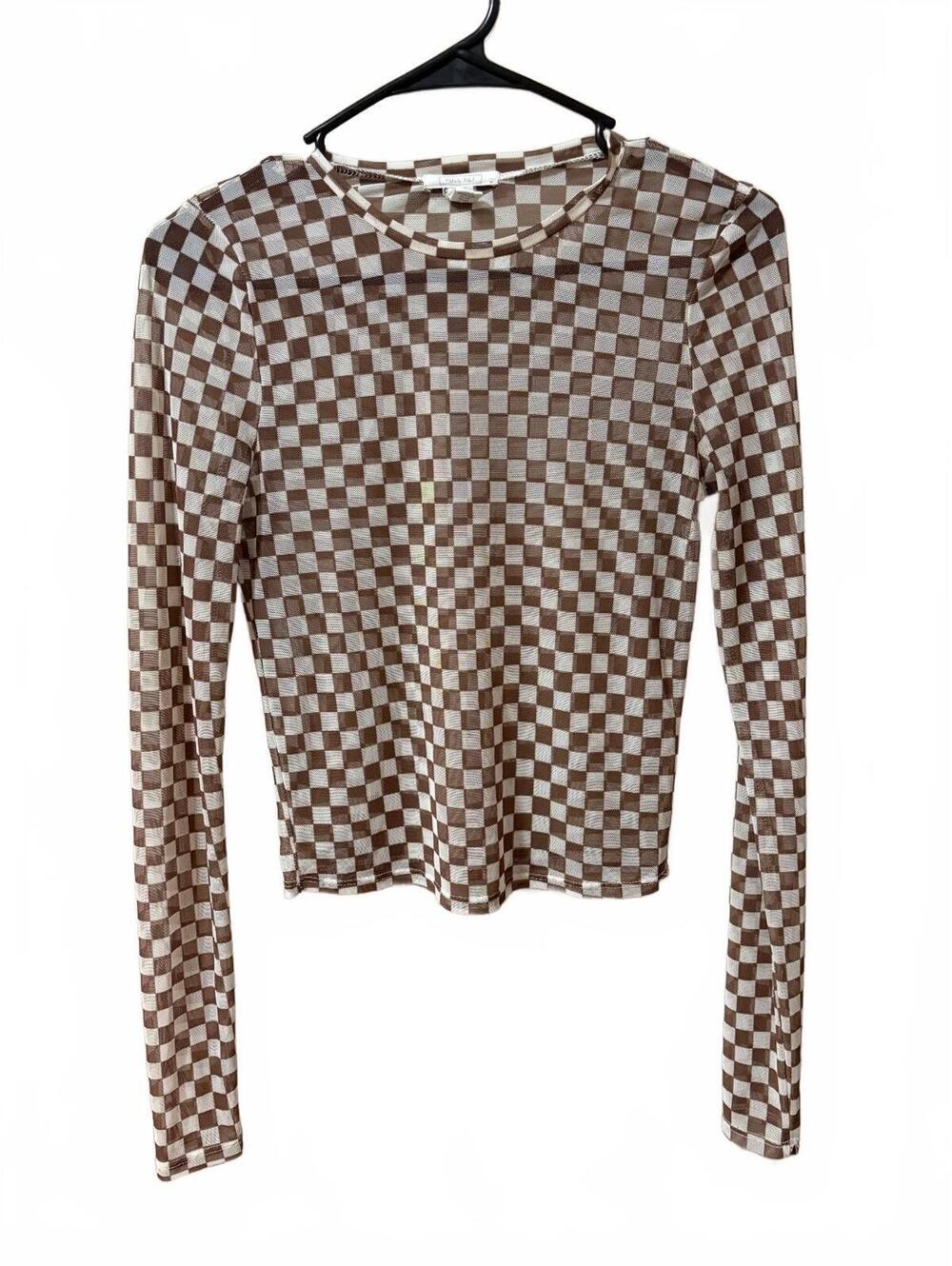 Full Tilt Brown Checkerboard Mesh Top M Y2K Grunge Indie Sleaze Long Sleeve
